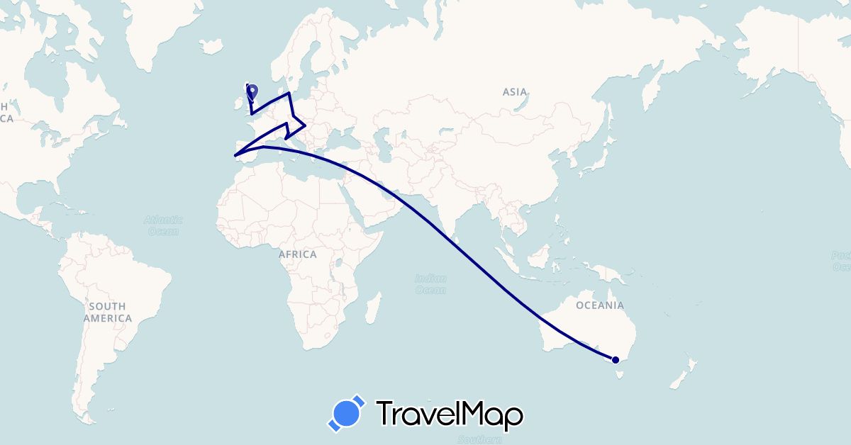 TravelMap itinerary: driving in United Arab Emirates, Australia, Czech Republic, Germany, Denmark, Spain, United Kingdom, Hungary, Italy, Portugal (Asia, Europe, Oceania)